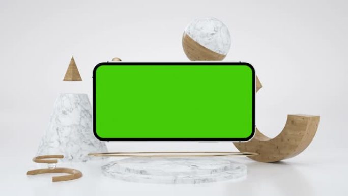 清洁绿屏手机，用于演示电子商务博客或游戏应用程序。用色键显示广告模拟显示网站。3d动画艺术对象智能手