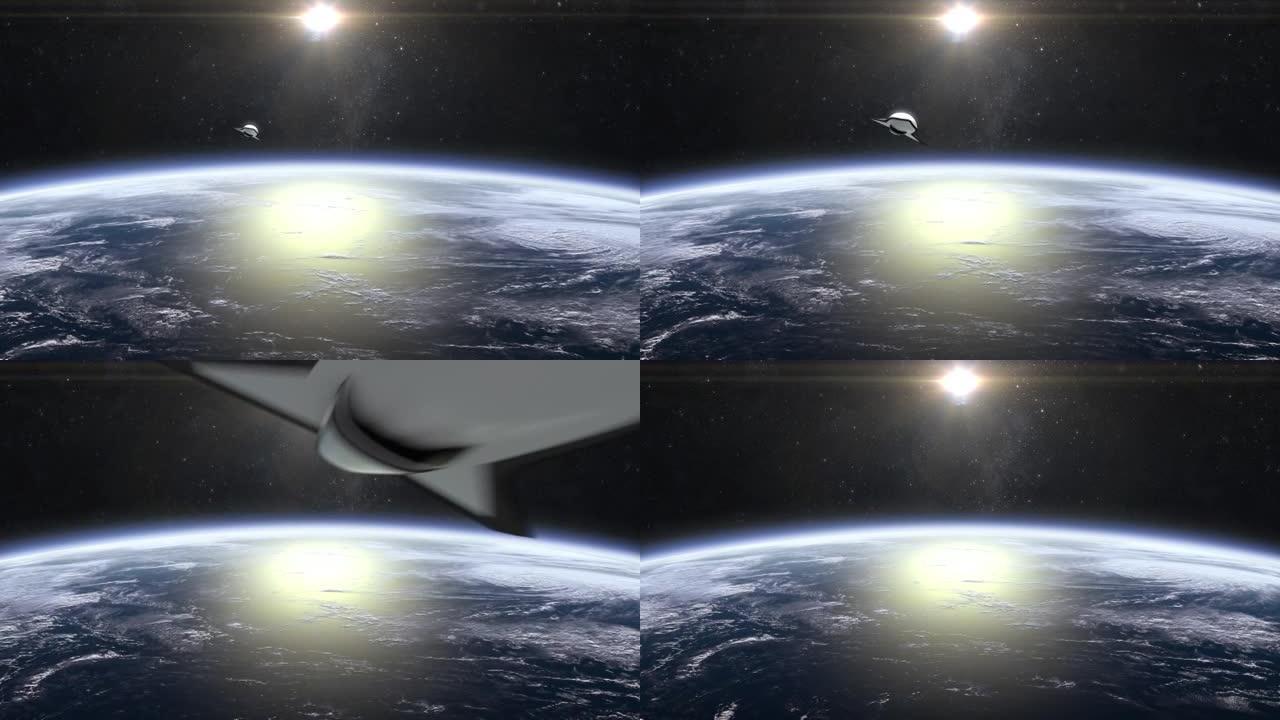一架载有核导弹的高超音速核无人机在地球上方的太空中迅速飞行，并从屏幕上消失。4K. 3D动画。