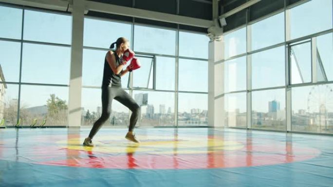 强壮的年轻拳击手独自穿着手套和现代服装在轻型健身房训练