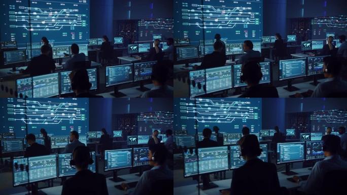 专业的计算机数据科学工程师团队在台式机上工作，屏幕上显示图表，图形，信息图表，技术神经数据和统计数据