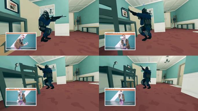在VR射击游戏中显示一名年轻女子及其角色
