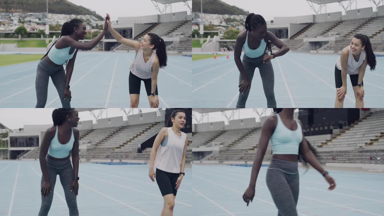 两名女运动员在赛道上奔跑后屏住呼吸的4k录像