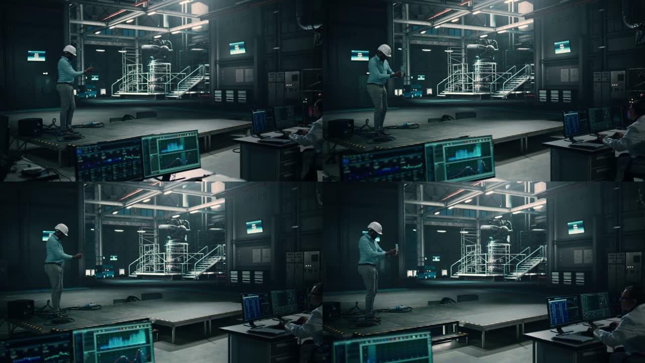 男性工程师在工厂的工业设施中工作时使用平板电脑。科学家使用增强现实软件。VFX模型模板剩余空间。