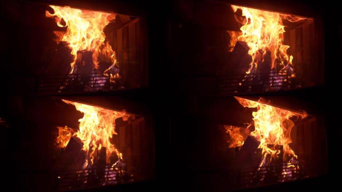 特写: 田园诗般的镜头，在黑暗的客厅的火坑里燃烧着原木。