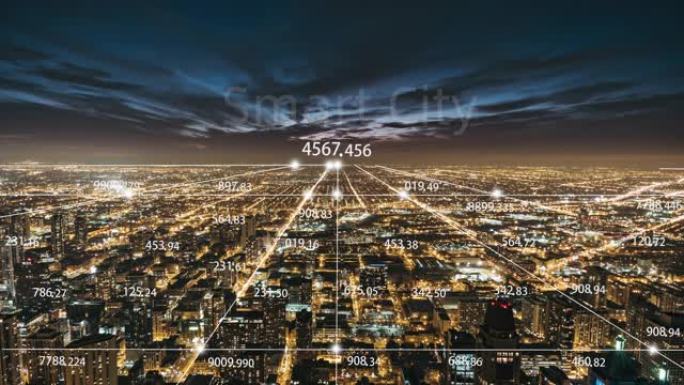 T/L芝加哥城市天际线和夜间智慧城市概念