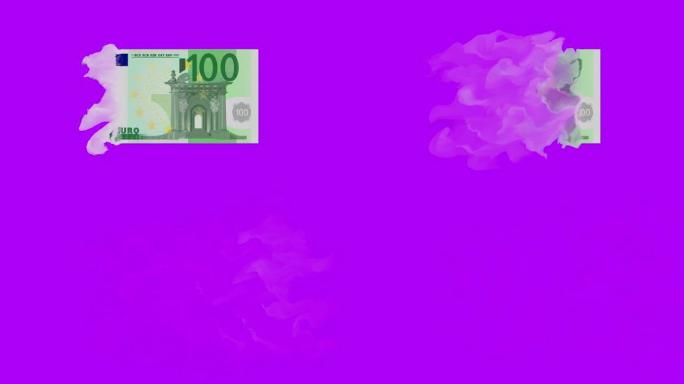 一百欧元钞票在孤立的屏幕上燃烧，色键动画，欧洲货币钞票消失。金融危机，灾难，损失，衰退，失败，金融，