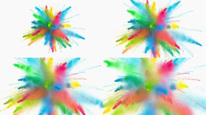 白色背景上彩色粒子粉末3d动画的爆炸颜色。慢动作中明亮的多色爆裂涂料。抽象虹彩冲击波。爆破艺术视觉彩