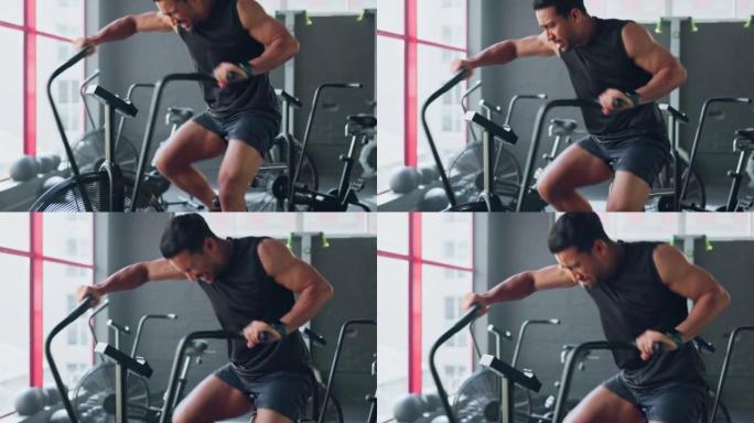有空气自行车的人，在交叉健身健身房进行有氧运动，在体育俱乐部骑自行车的人。印度铁人三项运动员训练机构