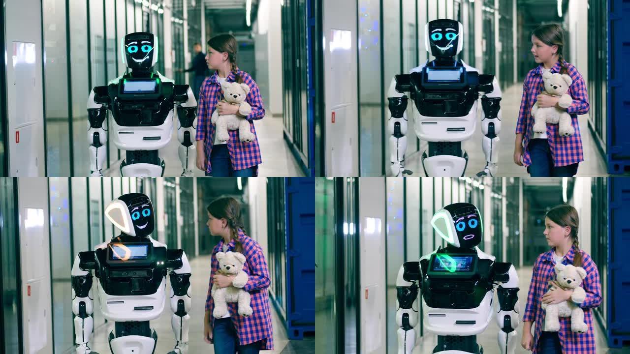 像人类一样的机器人，机器人和一个年轻女孩正在聊天