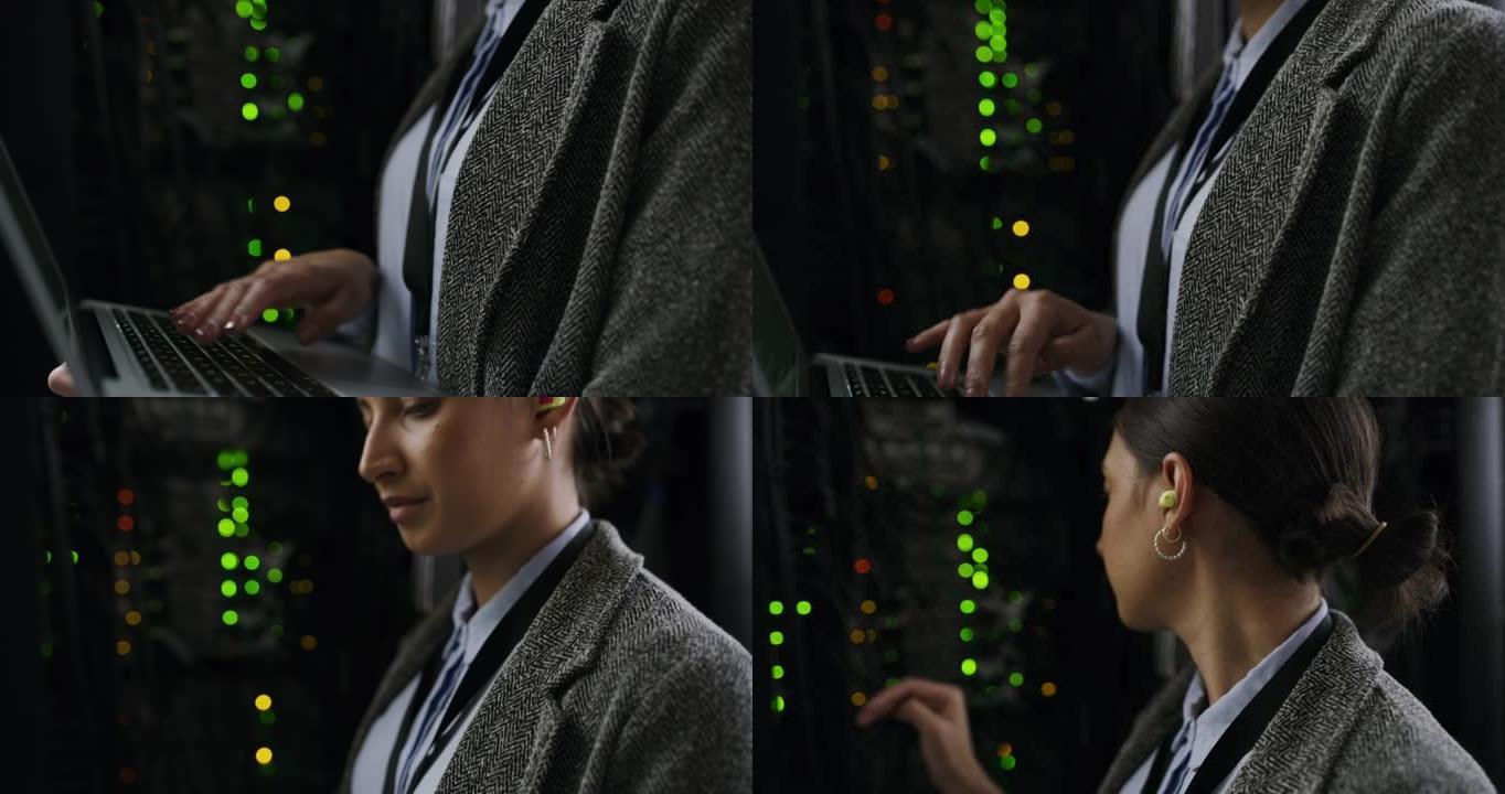 一名年轻技术人员在服务器机房使用笔记本电脑的4k视频片段