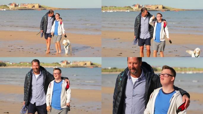 和爸爸一起在海滩上散步