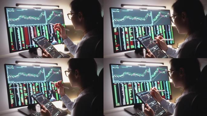 投资者正在分析她检查多个显示器上的股票市场数据