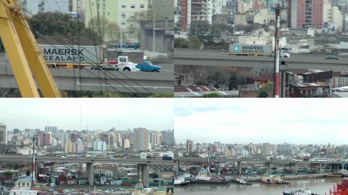 集装箱卡车在阿根廷布宜诺斯艾利斯的Riachuelo河上过桥。