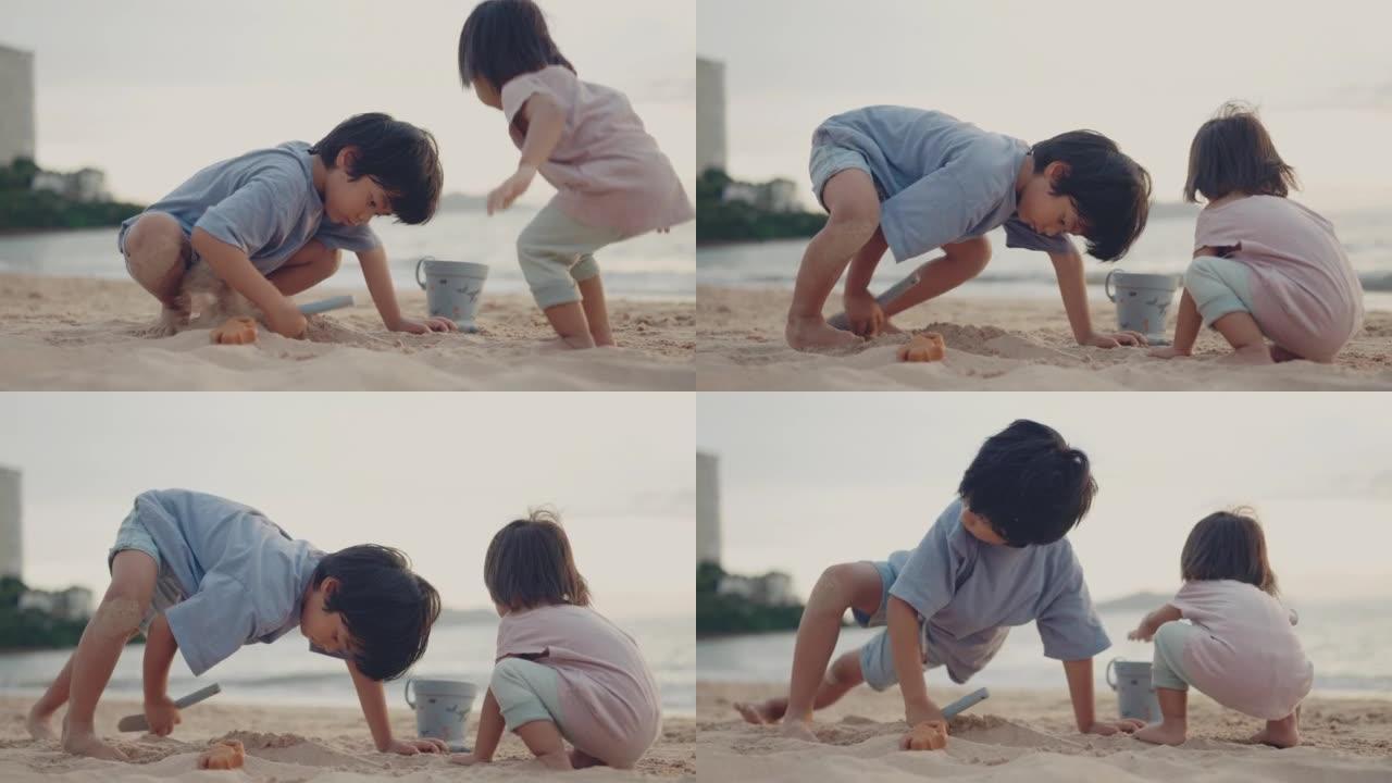 亚洲小哥哥和姐姐在海滩上玩耍