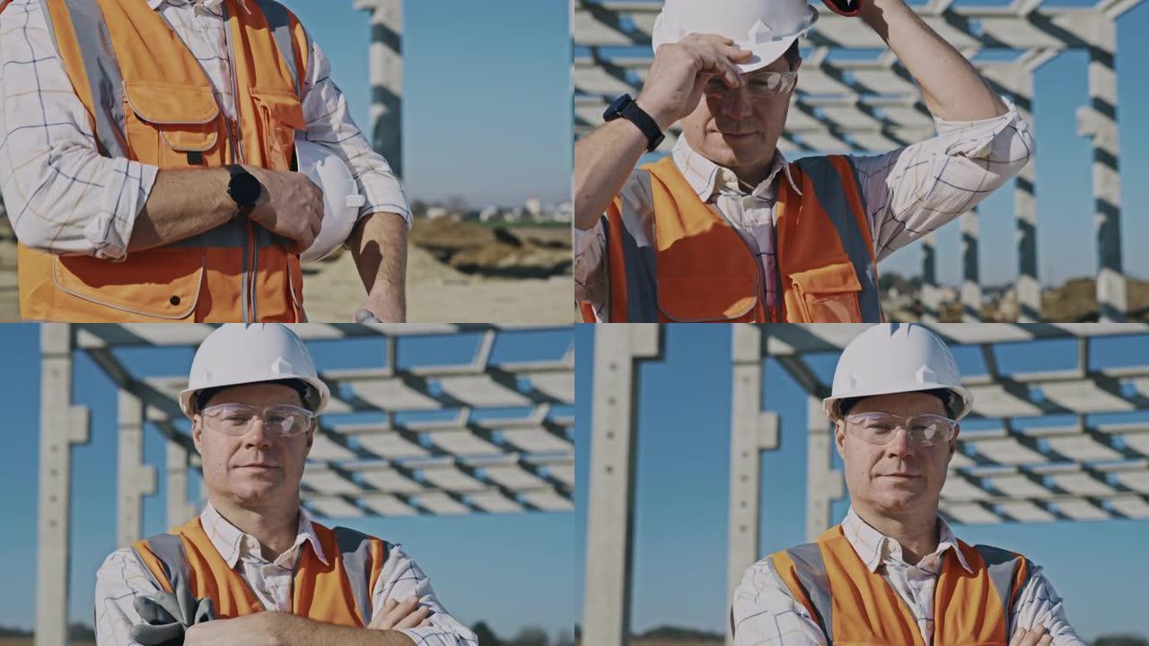 SLO MO肖像拍摄建筑承包商在施工现场戴上工作头盔