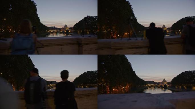 SLO MO游客在黄昏时拍摄圣天使桥