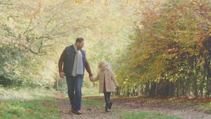 父亲和女儿牵着手，在秋天的乡村沿着赛道走，在家庭中跳跃