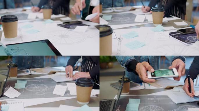 产品设计师团队在初创公司规划自行车蓝图、创意和数字工程插图技术图纸。手、项目协作与3d品牌自行车创新