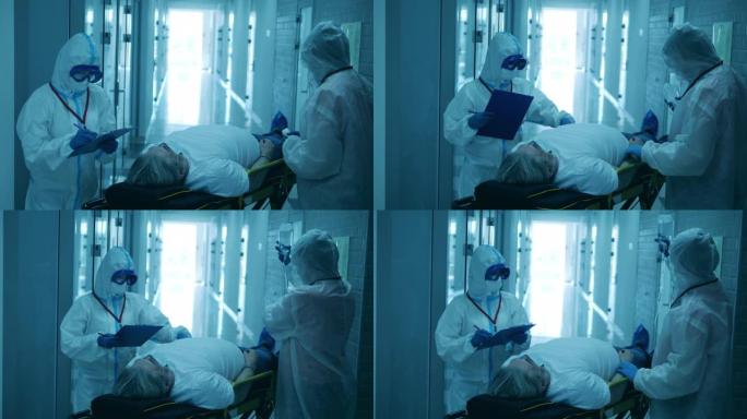 危险地垫的医生在医院检查担架上的一名男子。冠状病毒大流行概念。