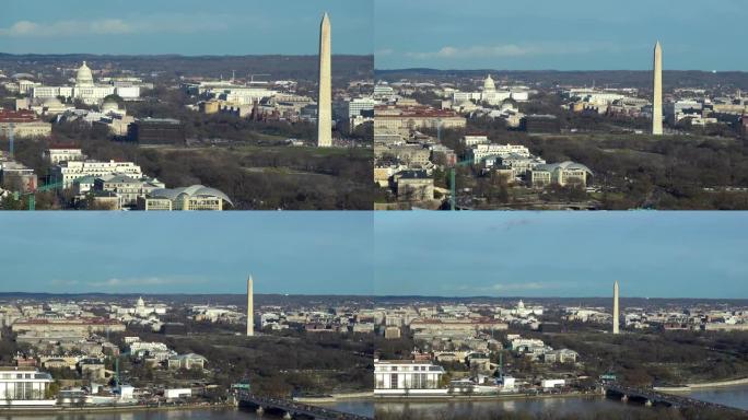 缩小华盛顿特区国家广场与林肯纪念堂华盛顿纪念碑和美国国会大厦的空中高角度视图。