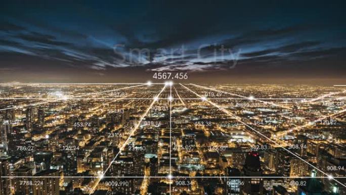 T/L芝加哥城市天际线和夜间5g网络概念