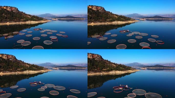 山里美丽的湖里的养鱼场。空中射击，卡拉卡伦，布卡克，布尔杜尔，图尔基耶