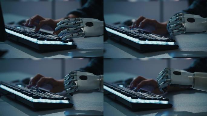 手特写: 残疾程序员使用假肢在计算机键盘上工作。专家快速和自然地使用肌电仿生手为电子商务软件项目打字