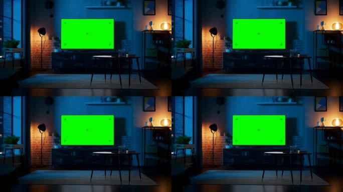 时尚的阁楼公寓内部配有电视，绿屏模拟显示器站在电视柜上。家里空荡荡的客厅，显示器上有色度键占位符。仍