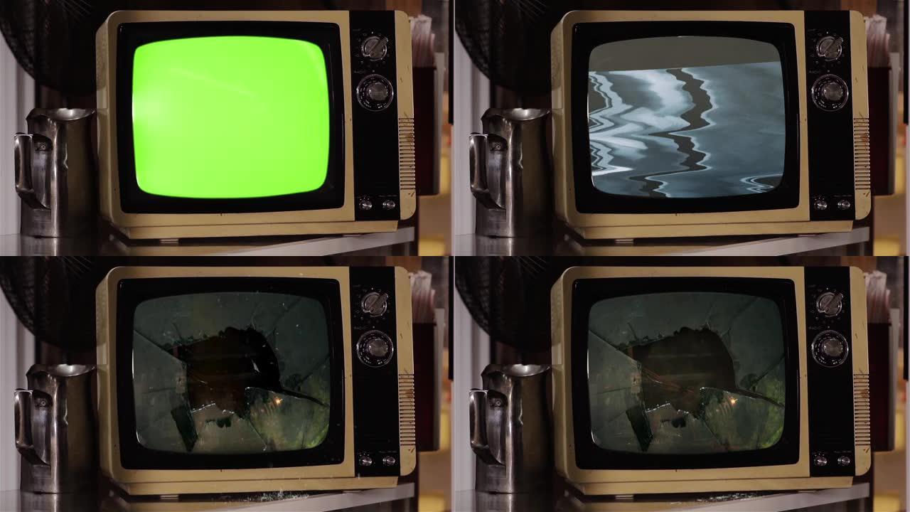绿色屏幕复古电视爆炸。特写。