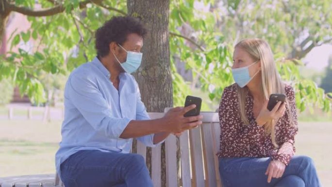 戴着口罩的社交距离夫妇在健康大流行期间看着手机在公园见面