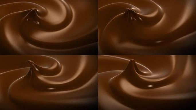 美丽的波浪形巧克力特写循环3d动画慢动作。逼真的巧克力棕色色浆旋转循环微距