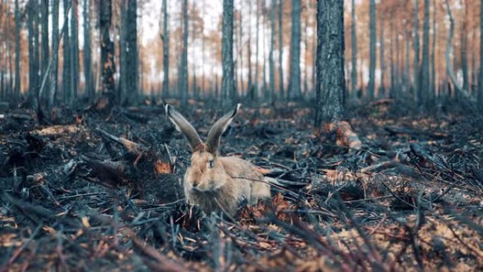 一只兔子在烧毁的树林中间