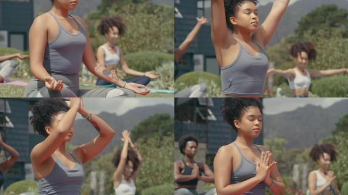 一群年轻女性在花园里练习瑜伽的4k视频片段