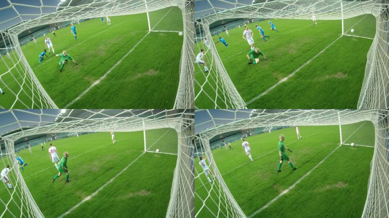 足球冠军赛: 蓝队球员踢球并进球，守门员输了。体育直播频道播放电视回放。内部目标高角度摄像机