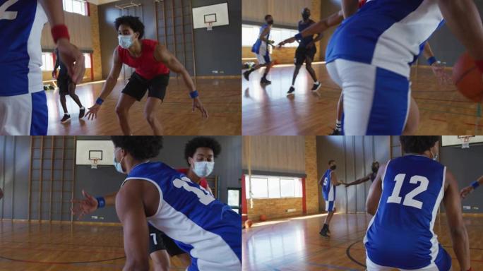 多样化的男子篮球队和教练比赛，戴着口罩