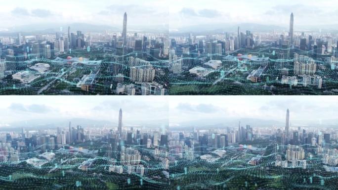 深圳福田区天际线和科技大数据概念。中国深圳