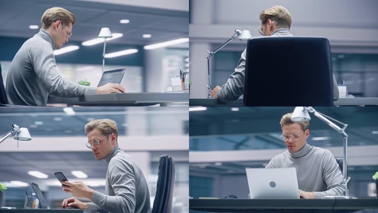 360度现代办公室: 商人坐在他的办公桌上，在笔记本电脑上工作。数字企业家与大数据电子商务项目合作，
