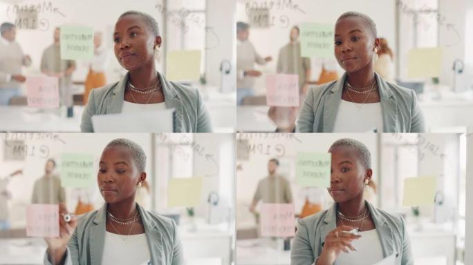 黑人妇女，便签和在玻璃墙上写字，用于领导会议，创意设计师计划和经理营销创新。非洲妇女，领导者和任务分