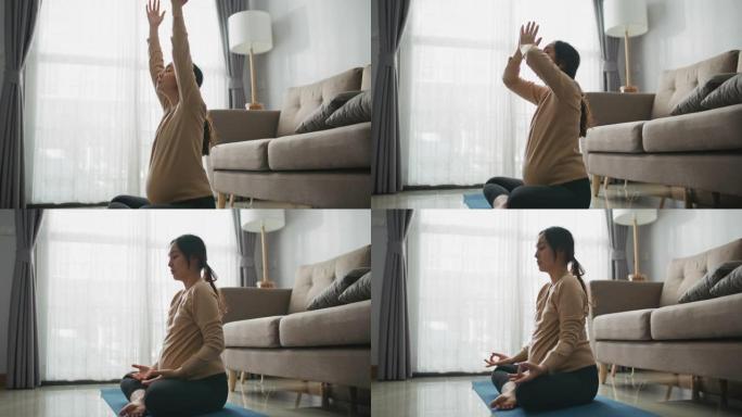 亚洲孕妇在家冥想居家锻炼孕妇瑜伽孕妇锻炼
