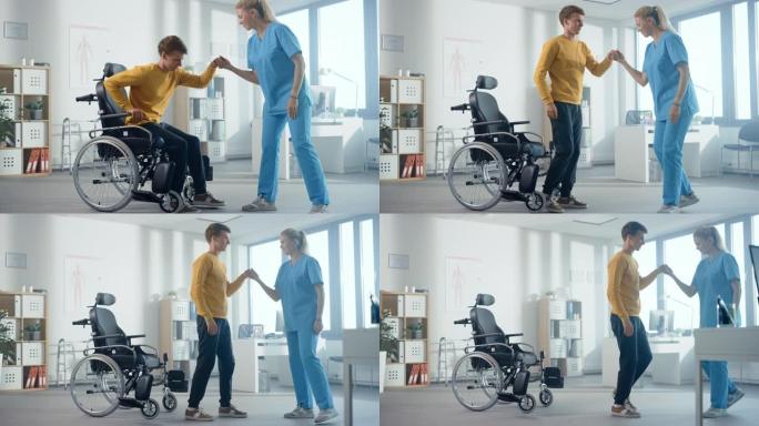 医院物理治疗: 受伤的坚定年轻人成功地从轮椅上站起来，并在康复理疗师的帮助下行走。意志力，勇气，坚强
