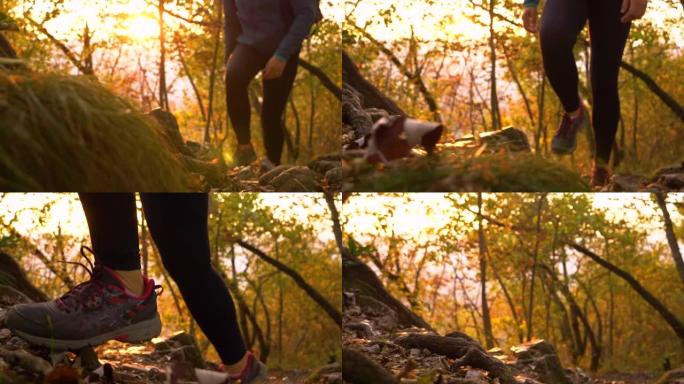 低角度: 在一个阳光明媚的秋天早晨，穿着紧身裤的女人在岩石小径上远足。