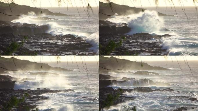 慢动作: 海洋闯入多岩石的海岸线的壮观镜头。
