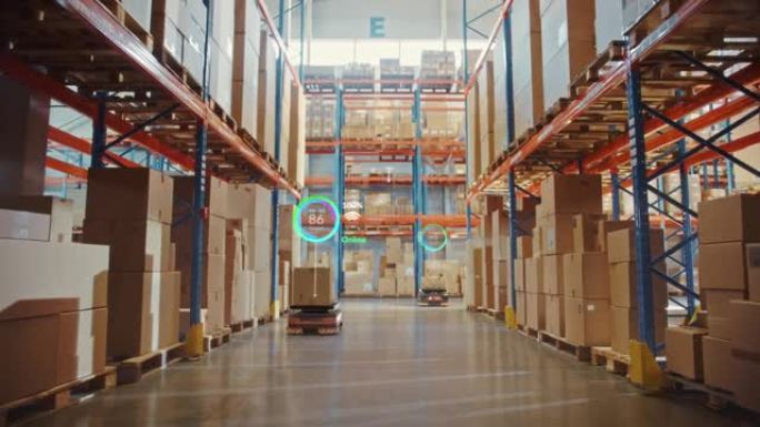 未来技术3D概念: 自动零售仓库AGV机器人，带有信息图表，在配送物流中心运送纸箱。自动引导车辆货物