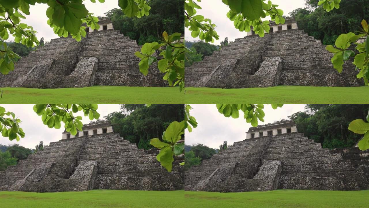 玛雅人在墨西哥的帕伦克遗址。相机从古老的玛雅金字塔中的树的阴影中平移。墨西哥恰帕斯州帕伦克