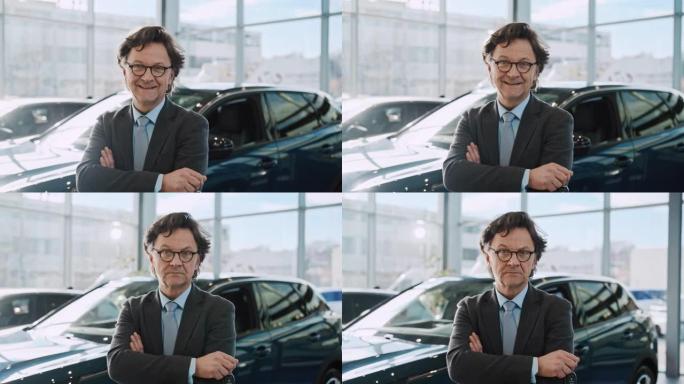 一个成功的汽车推销员的SLO MO肖像摆出正面和负面的面部表情