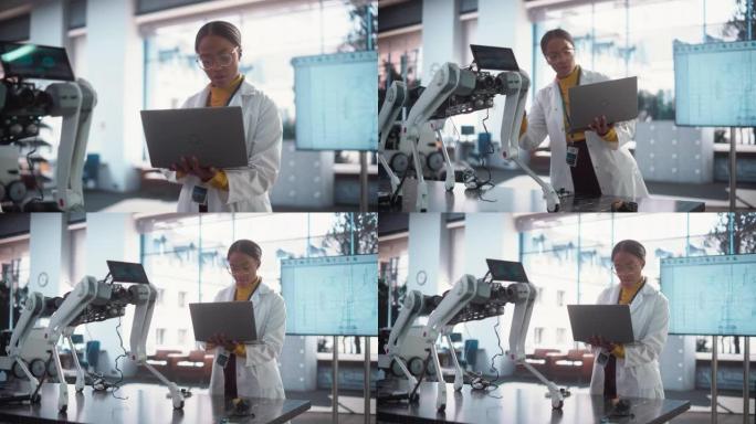 使用笔记本电脑跟踪穿着实验室外套的年轻黑人女性专家的肖像，以测试AI机器人原型。在高科技公司初创公司