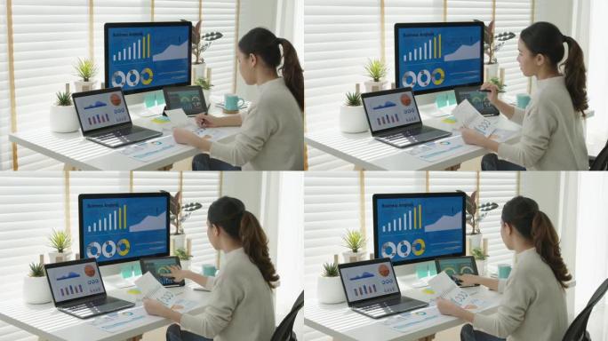 年轻迷人的亚洲泰国女性员工忙于在线工作多屏幕笔记本电脑或智能平板电脑在家自由销售数据分析，数据科学科