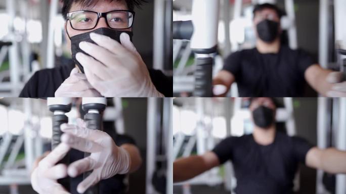 选择性聚焦 -- 亚洲男子用防护手套和面罩进行胸部锻炼