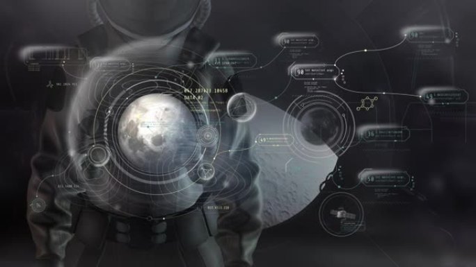 穿着宇航服的宇航员在虚拟面板上工作，3D渲染。