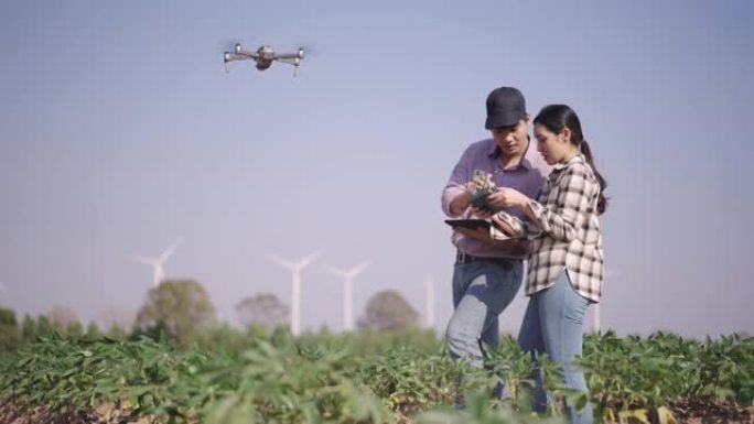 农民使用无人机分析田间生长